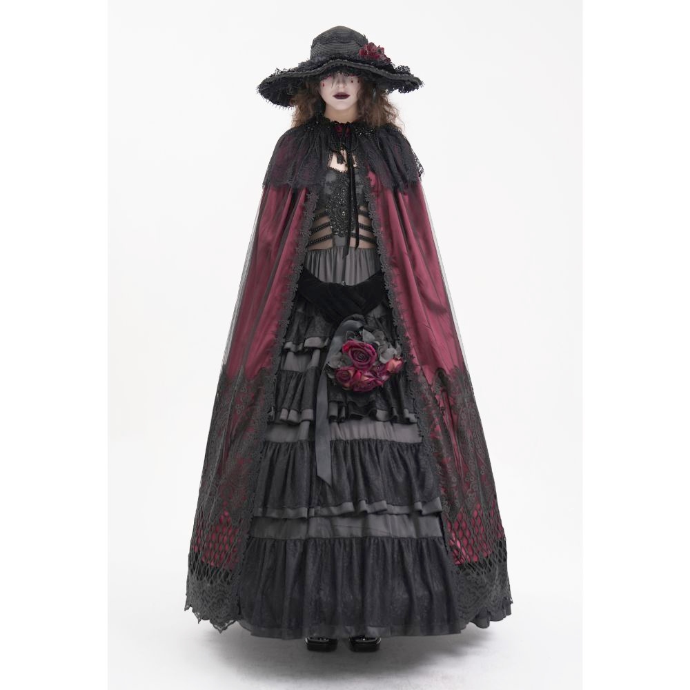 Devil Fashion - Gothic Lace Hooded Cloak Cape - Burgundy